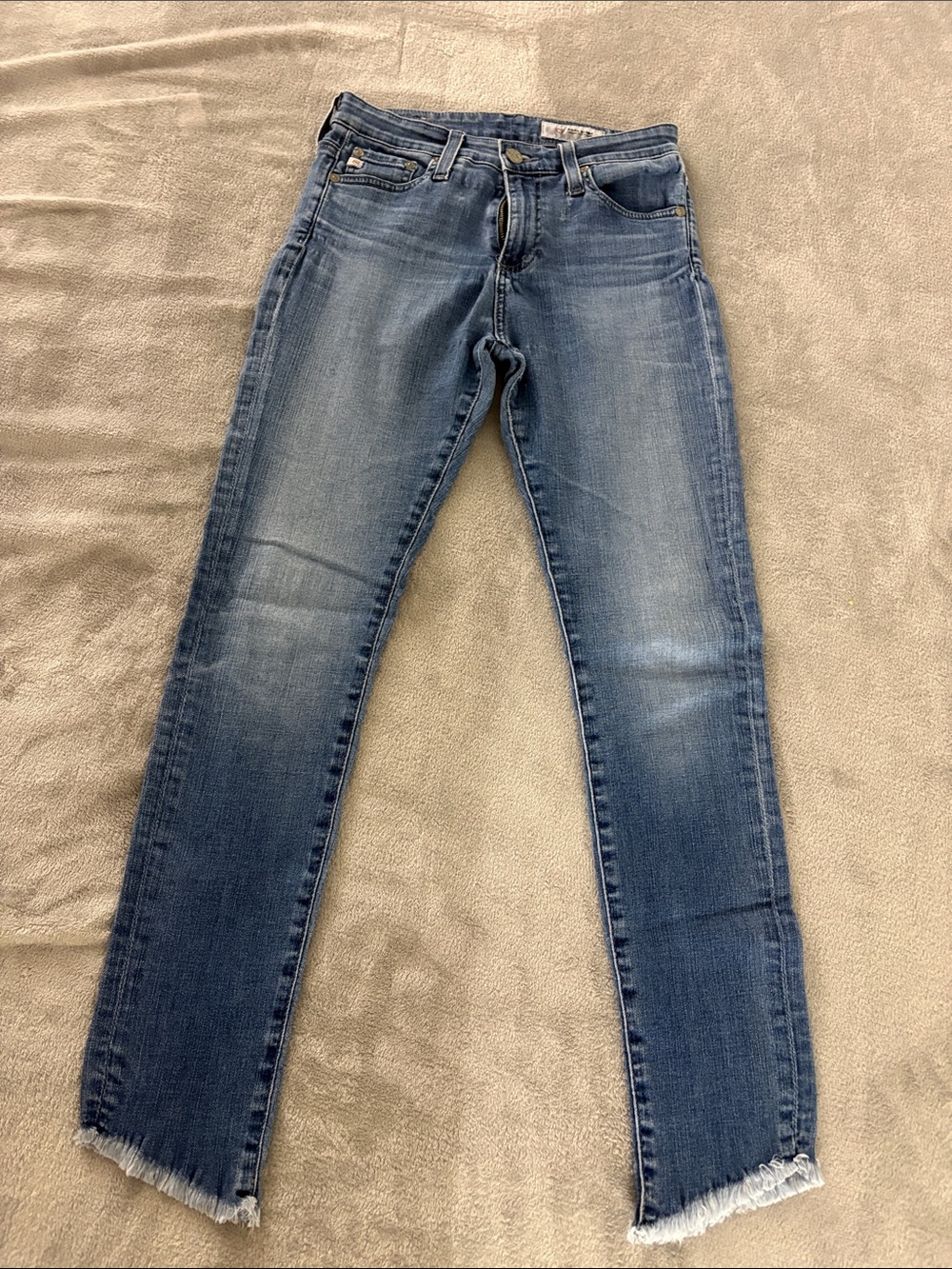 Agolde Skinny Jeans in Medium Blue Wash with Frayed Hem